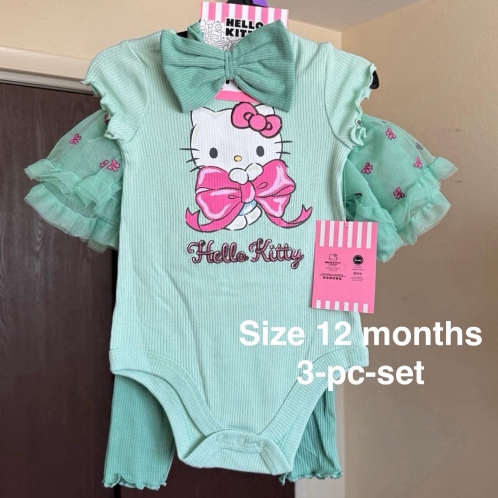 Hello Kitty Baby Girls' Graphic Bodysuit, Skeggings and Bow Headband Set, 3-Piec